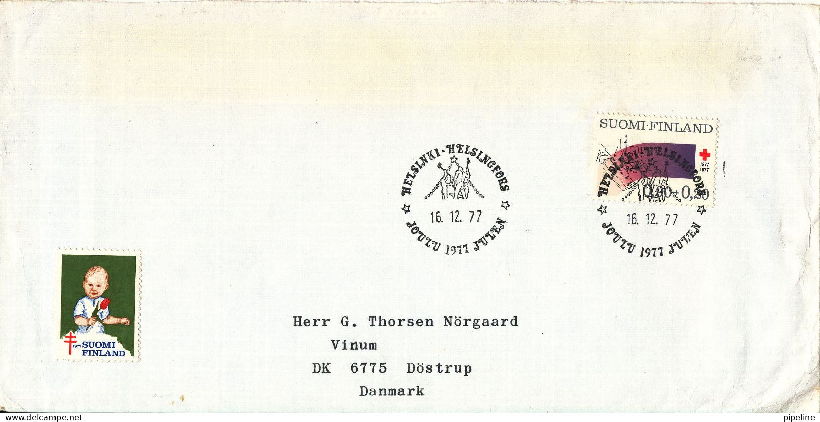 Finland Cover Sent To Denmark Helsinki 16-12-1977 Single Franked RED CROSS Special Christmas Postmark And Christmas Seal - Briefe U. Dokumente