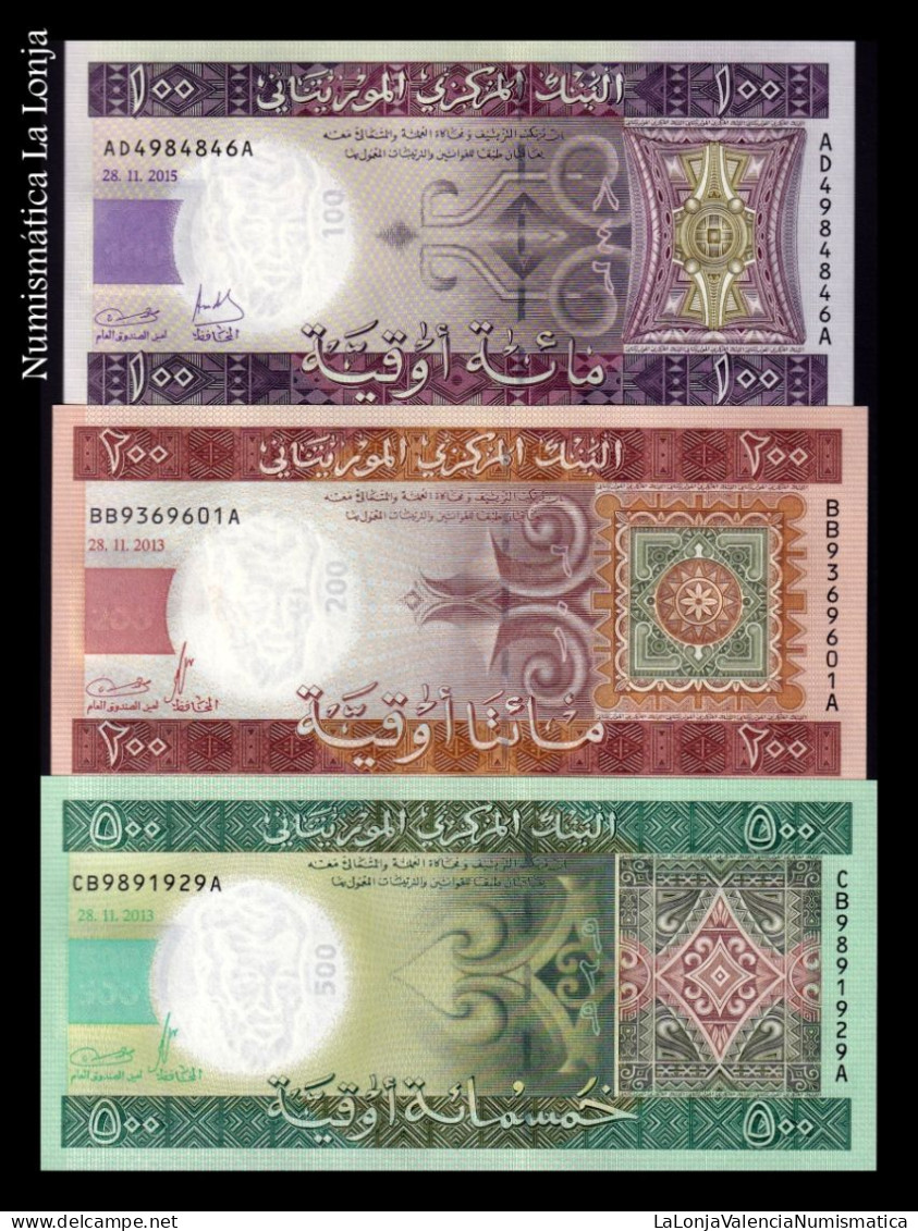 Mauritania Set 3 Banknotes 100 200 500 Ouguiya 2013-2015 Pick 16 17 18 Sc Unc - Mauritanië