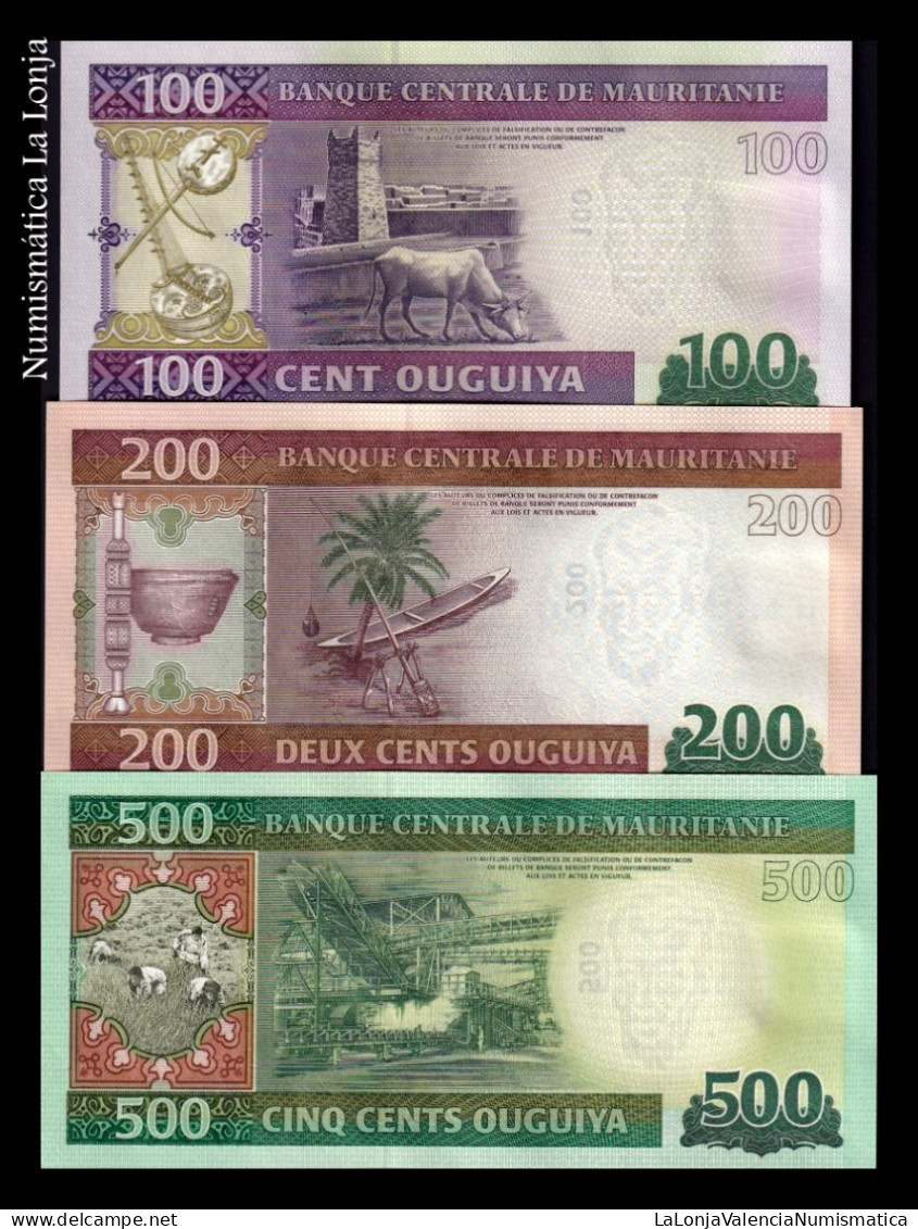 Mauritania Set 3 Banknotes 100 200 500 Ouguiya 2013-2015 Pick 16 17 18 Sc Unc - Mauritania