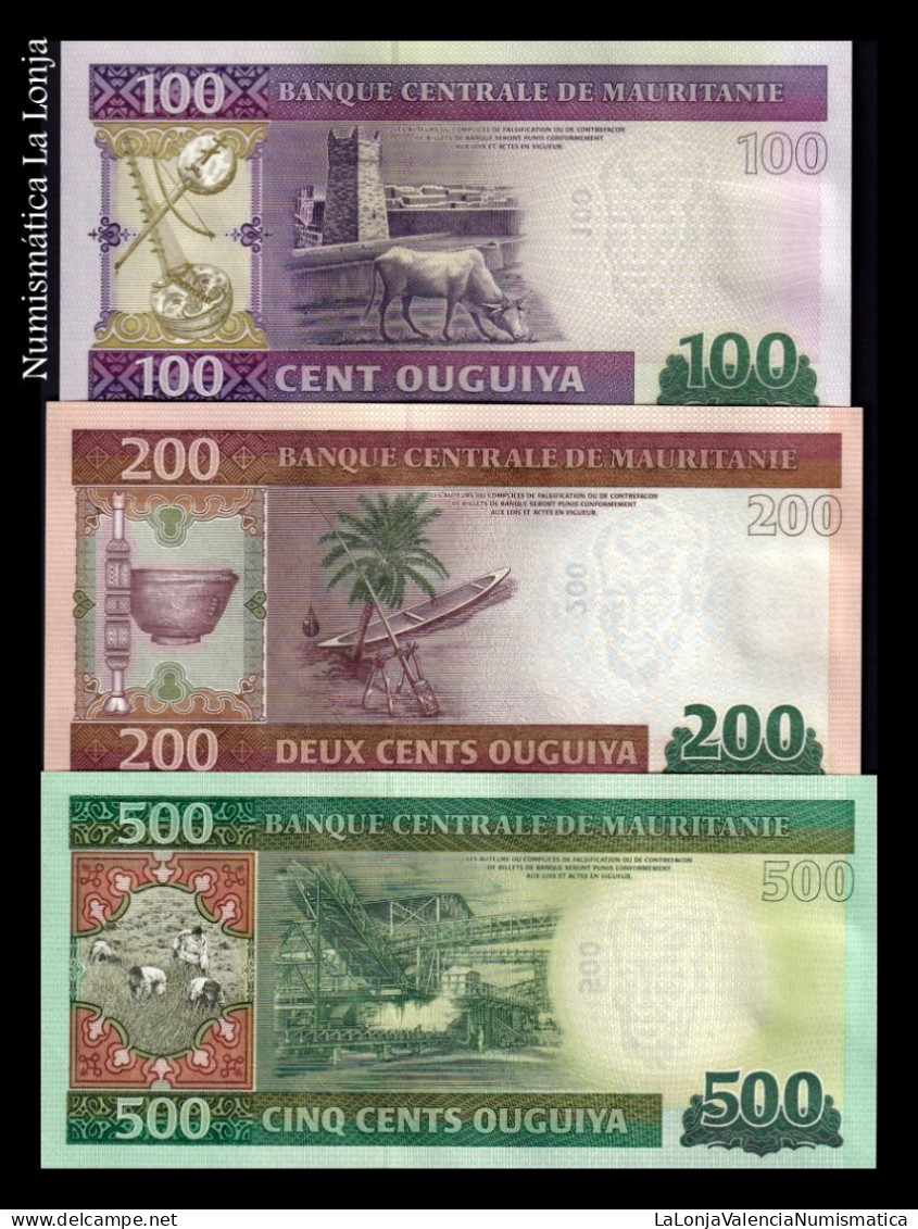 Mauritania Set 3 Banknotes 100 200 500 Ouguiya 2013-2015 Pick 16 17 18 Sc Unc - Mauritanie