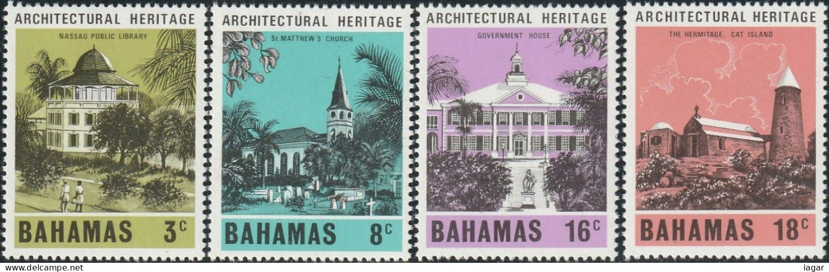 THEMATIC ARCHITECTURE:  ARCHITECTURAL HERITAGE. PUBLIC LIBRARY, GOTHIC CHURCH, HERMITAGE ETC     4v+MS   -   BAHAMAS - Otros & Sin Clasificación