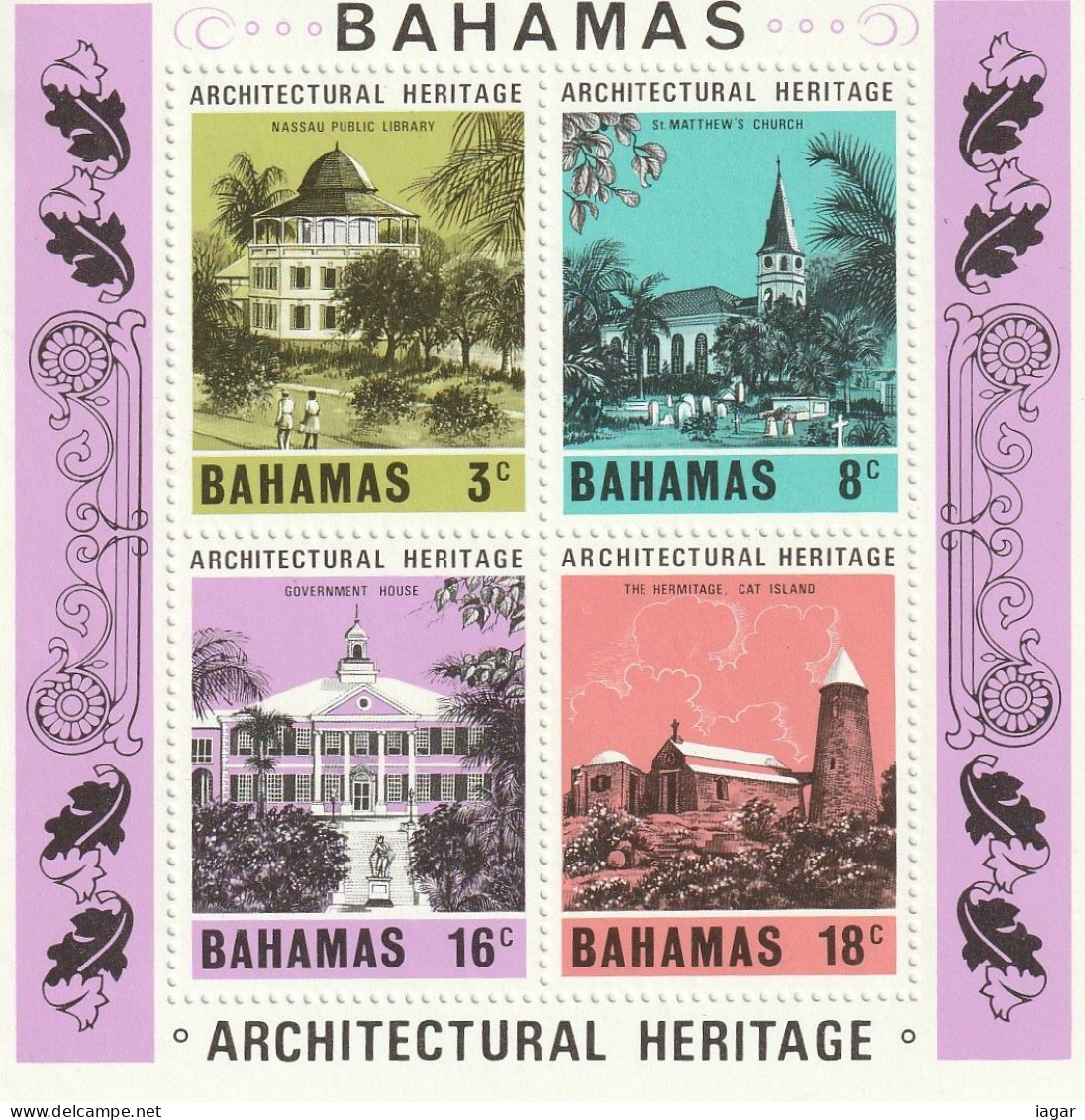 THEMATIC ARCHITECTURE:  ARCHITECTURAL HERITAGE. PUBLIC LIBRARY, GOTHIC CHURCH, HERMITAGE ETC     4v+MS   -   BAHAMAS - Otros & Sin Clasificación