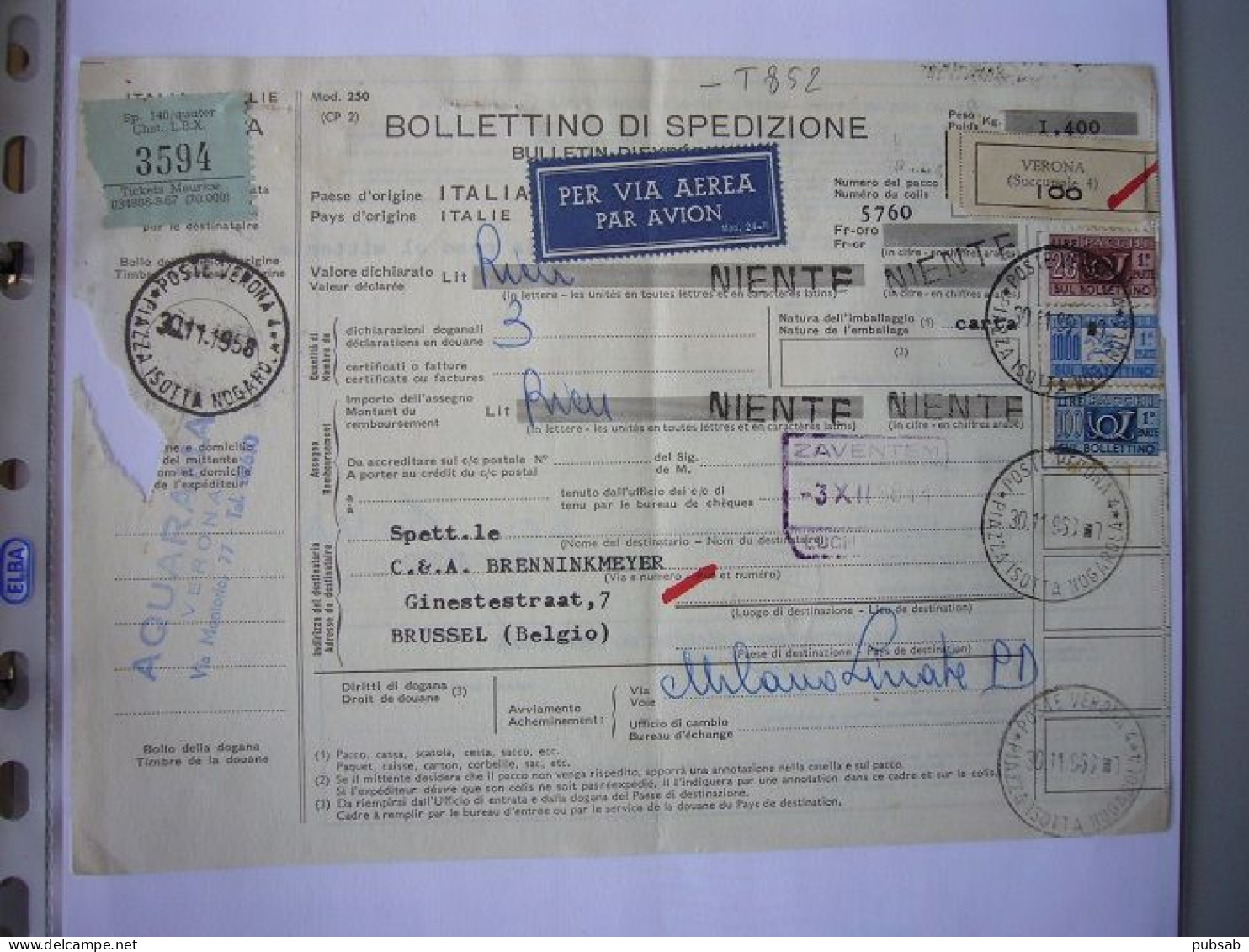 Avion / Airplane / Bolletino Di Spedizione / Airmail From Verone To Brussels / Nov 30, 58 - Airmail