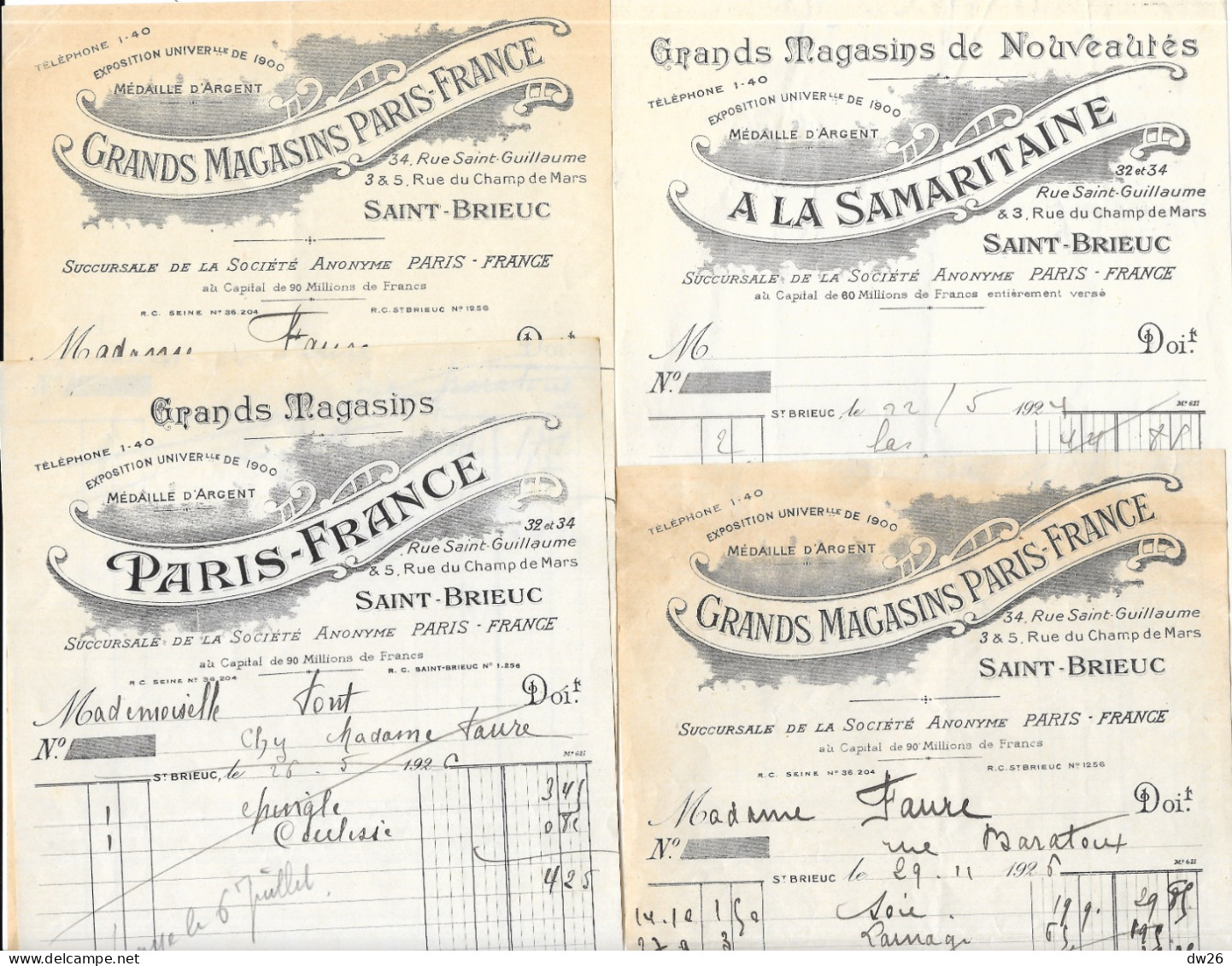 Lot De 22 Factures 14x21 Grands Magasins, Chaussures, Lainages... Saint-Brieuc (22) 1922-1928 - Kleding & Textiel
