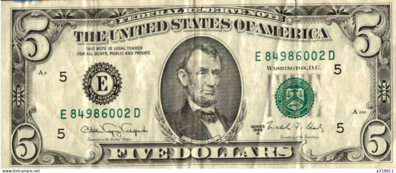 Billet, États-Unis, Five Dollars, 1988A, San Francisco - Federal Reserve Notes (1928-...)