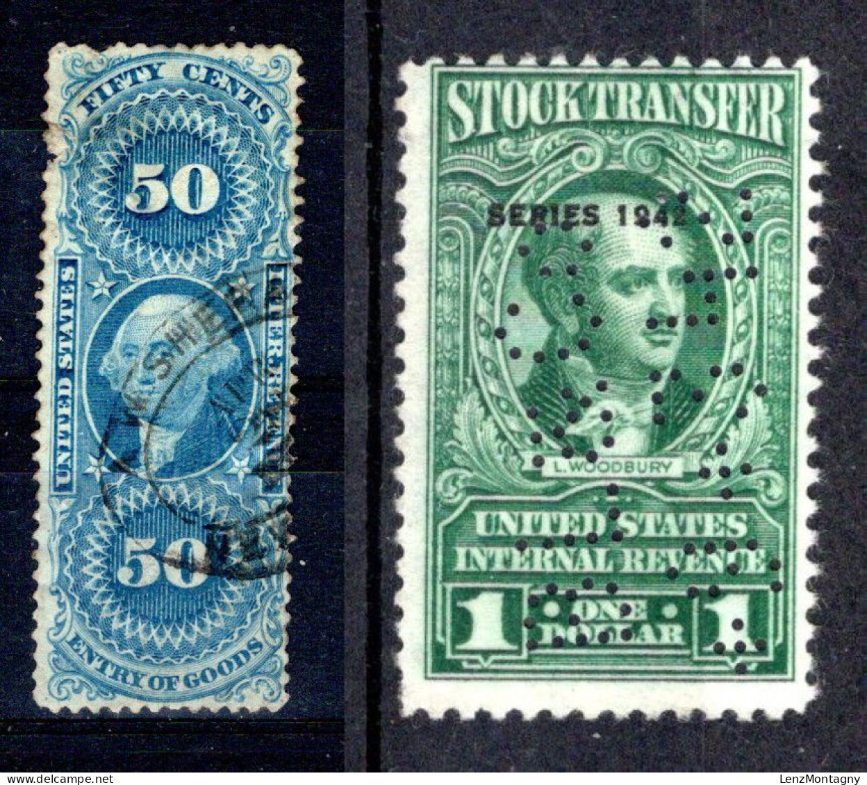 Intern Revenue 50 Cents + Stock Transfer Etats-Unis, 1 Dollar Avec Perfin, Series 1942 - Fiscali