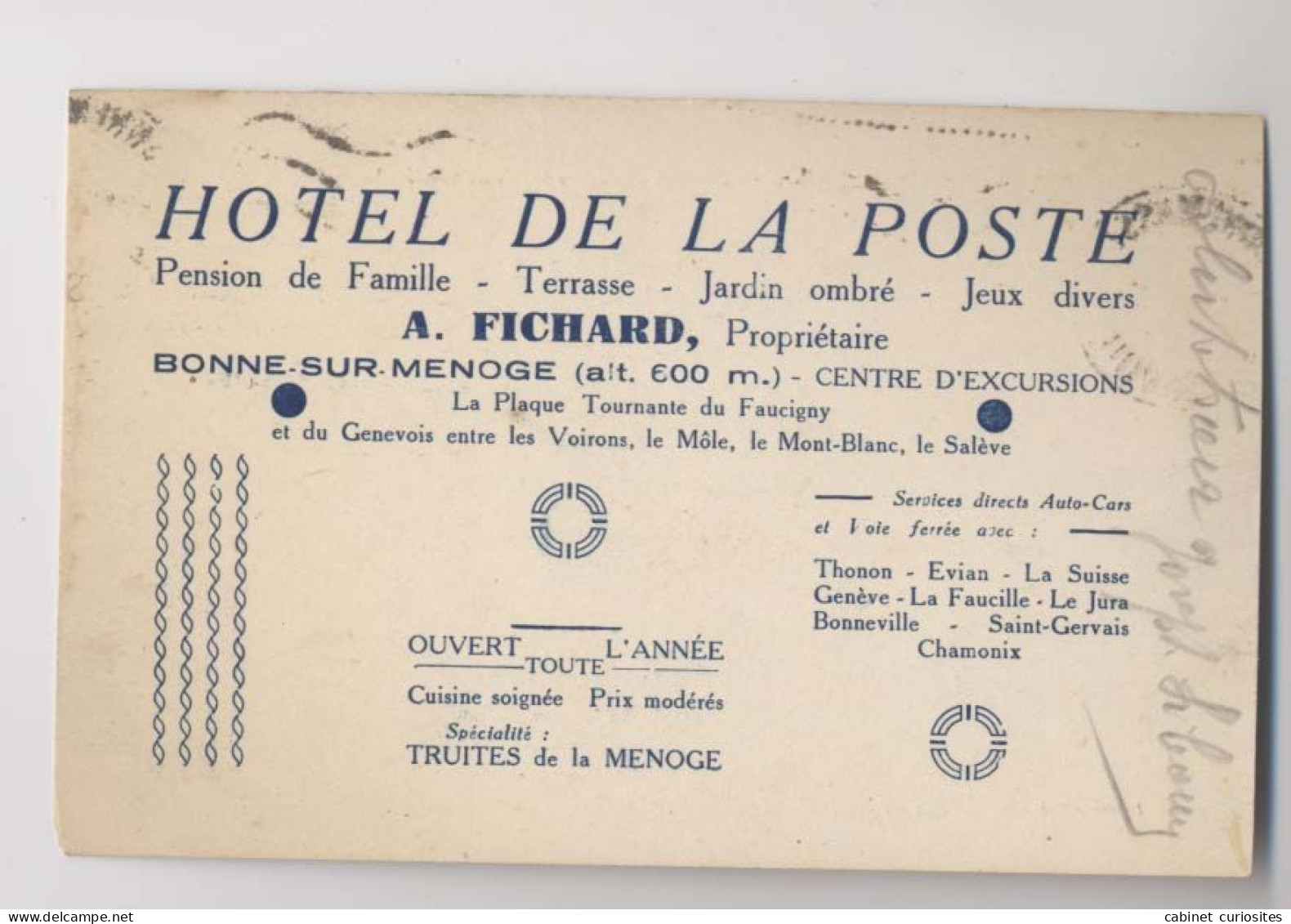 BONNE-sur-MENOGE  [74] Haute Savoie - Publicité Au Dos : HOTEL DE LA POSTE - Propriétaire A. Fichard - Bonne Sur Menoge - Bonne