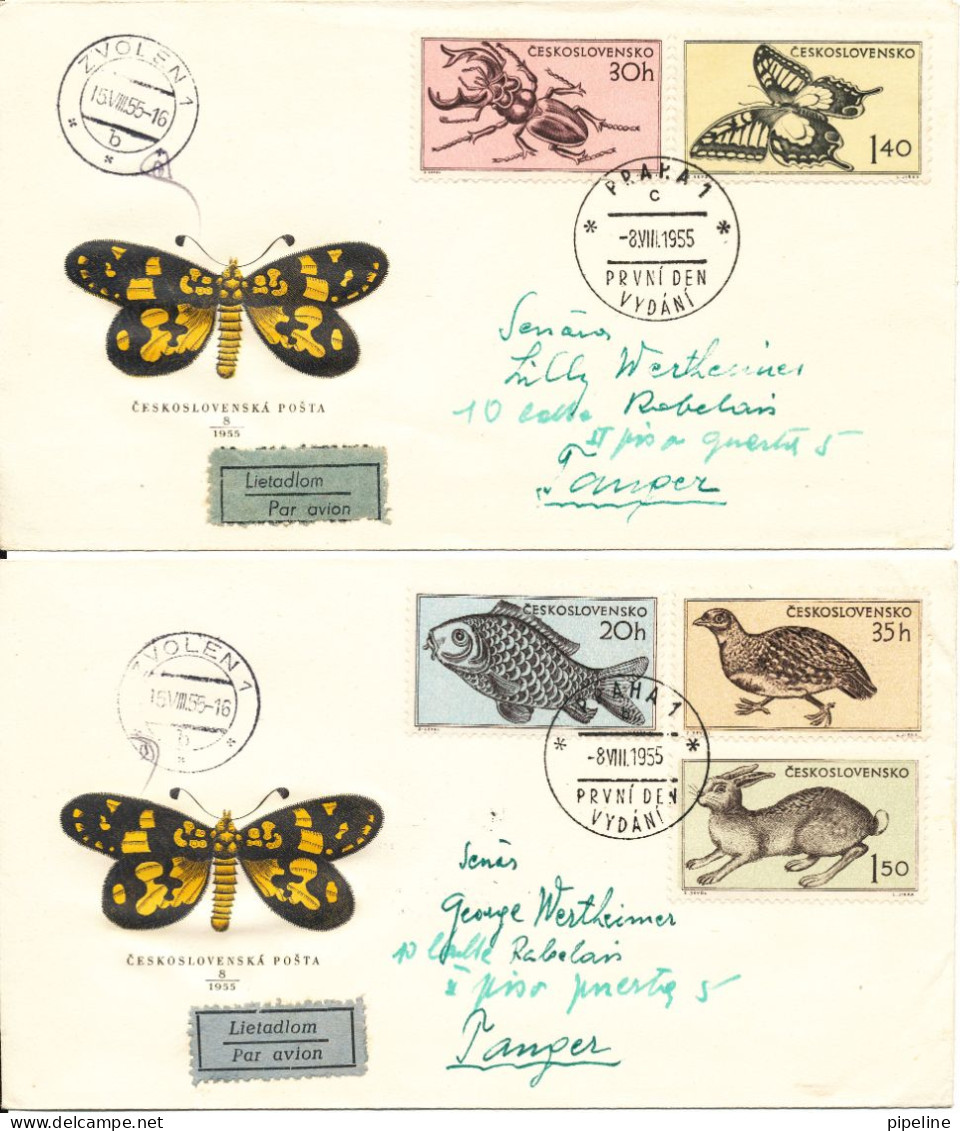 Czechoslovakia FDC 8-8-1955 Fauna Complete Set Of 5 On 2 Covers With Cachet - FDC