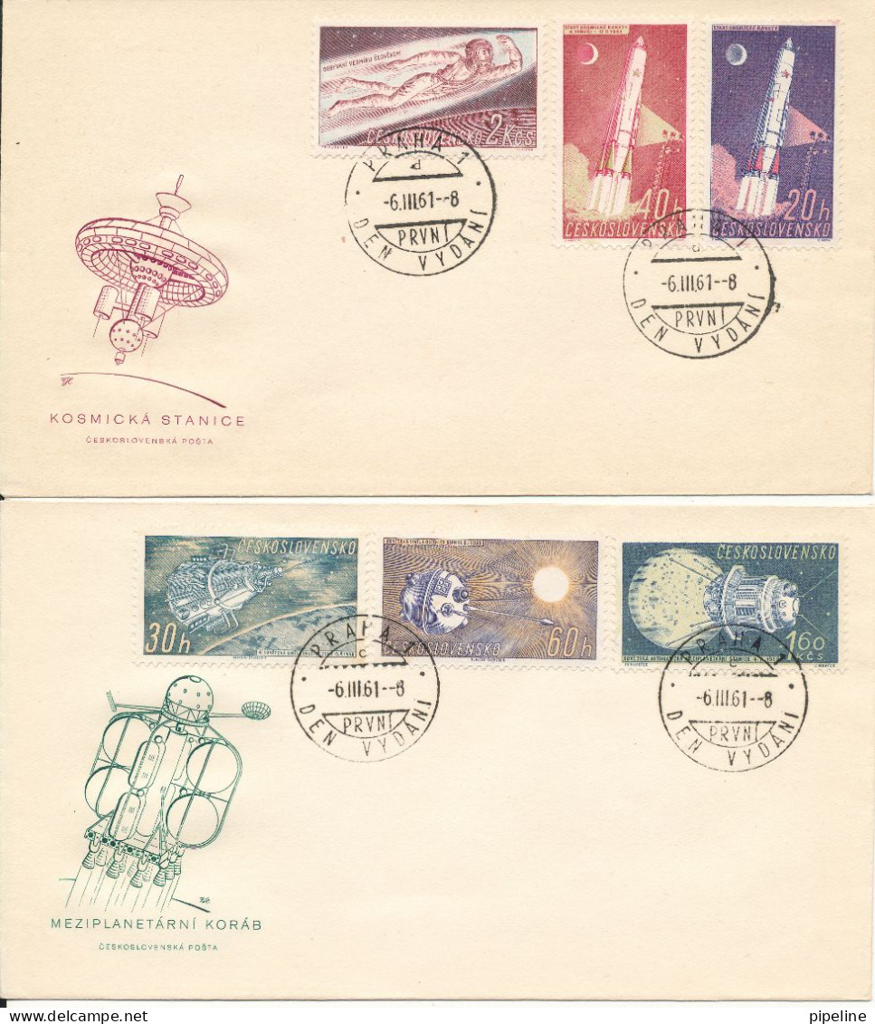 Czechoslovakia FDC 6-3-1961 Cosmic Space Research Complete Set Of 6 On 2 Covers With Cachet - FDC