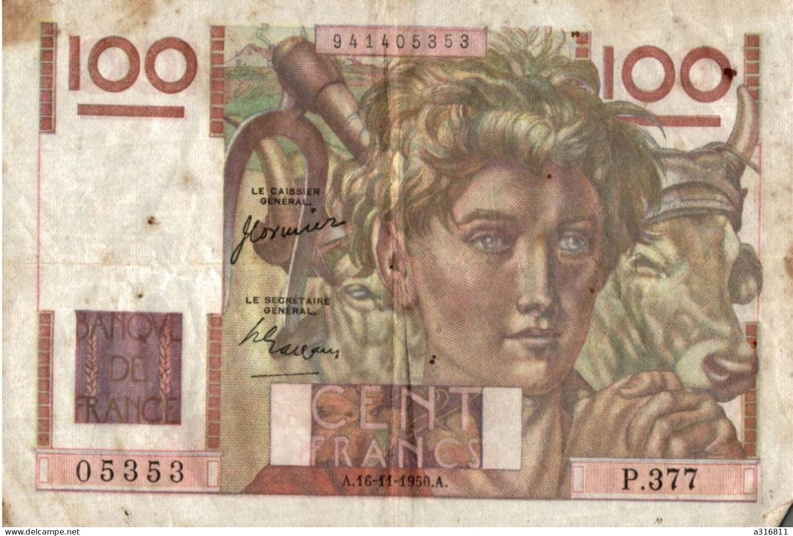 Billet Cent Francs 1950 - 100 F 1945-1954 ''Jeune Paysan''