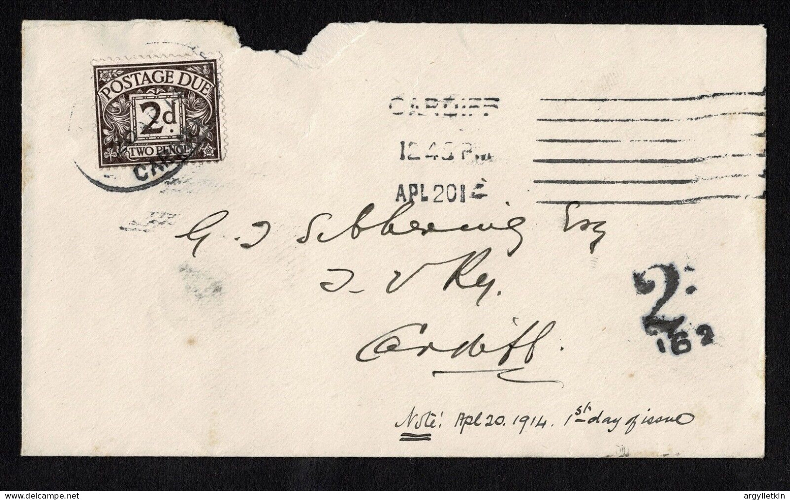 GREAT BRITAIN GEORGE FIFTH FDC POSTAGE DUE CARDIFF TAFF VALE RAILWAY 1914 - ....-1951 Pre Elizabeth II