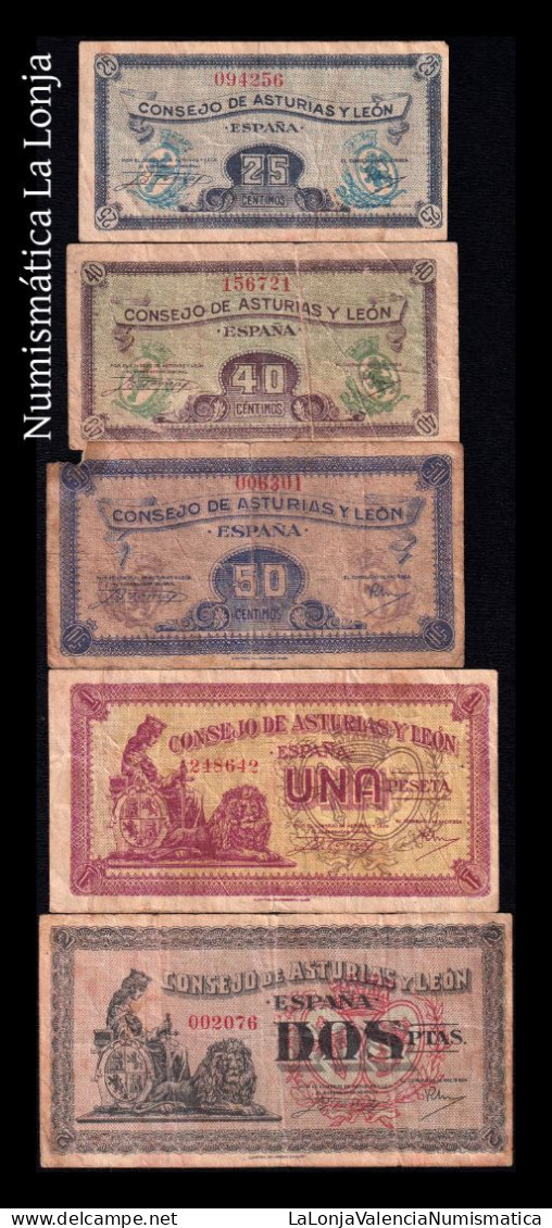 España Spain Set 5 Billetes Asturias Y León 25 40 50 Céntimos 1 2 Pesetas 1936 Pick S601-S605 Bc/Mbc F/Vf - Altri & Non Classificati