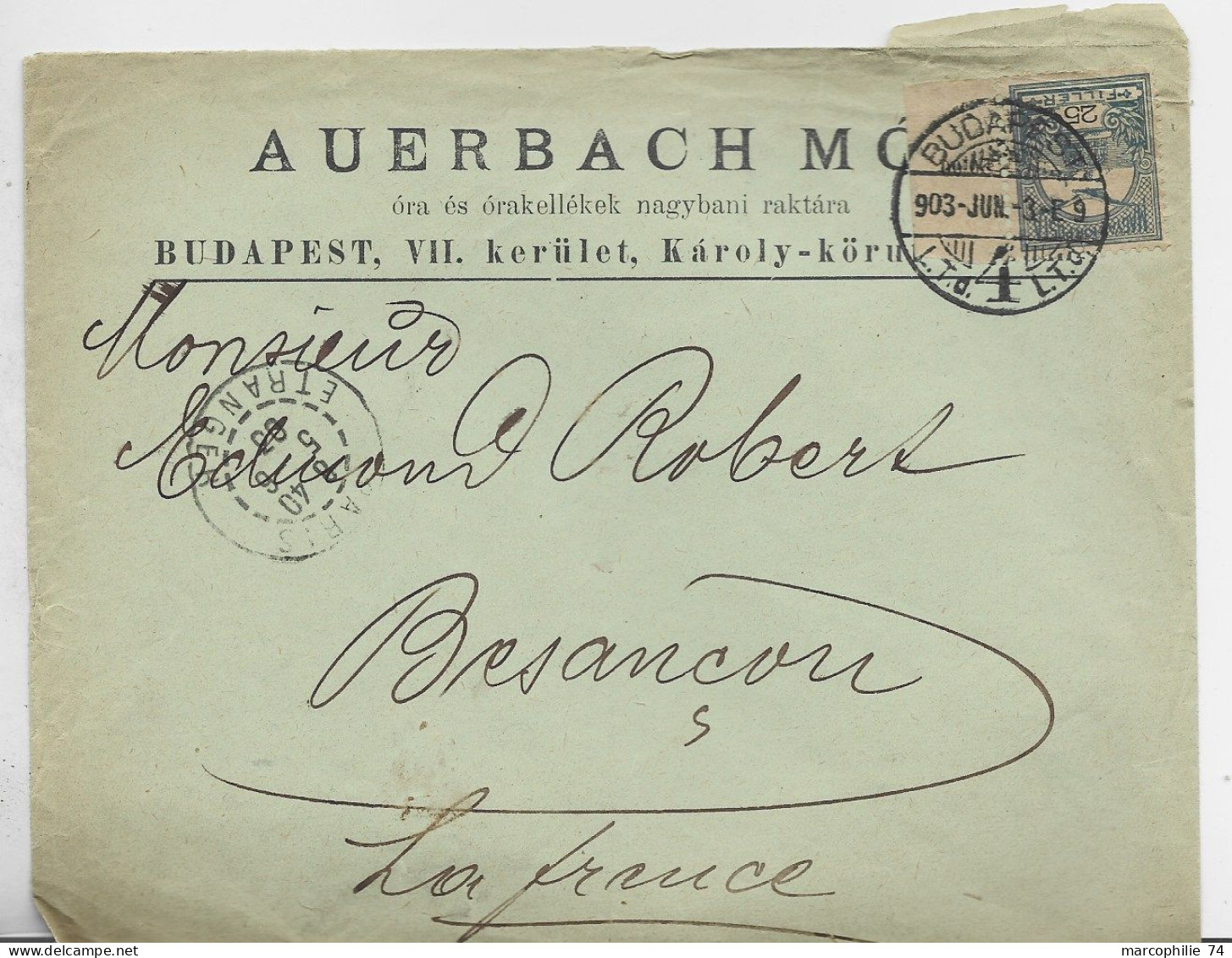 HUNGARY MAGYAR 25 FILLER BDF SOLO LETTRE COVER BUDAPEST 1903 TO FRANCE - Briefe U. Dokumente