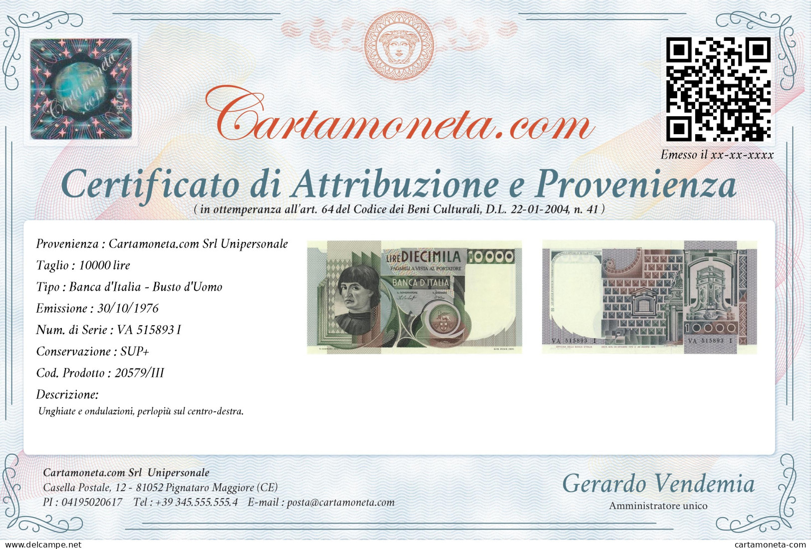 10000 LIRE RITRATTO D'UOMO A MEZZOBUSTO ANDREA DEL CASTAGNO 30/10/1976 SUP+ - Altri & Non Classificati