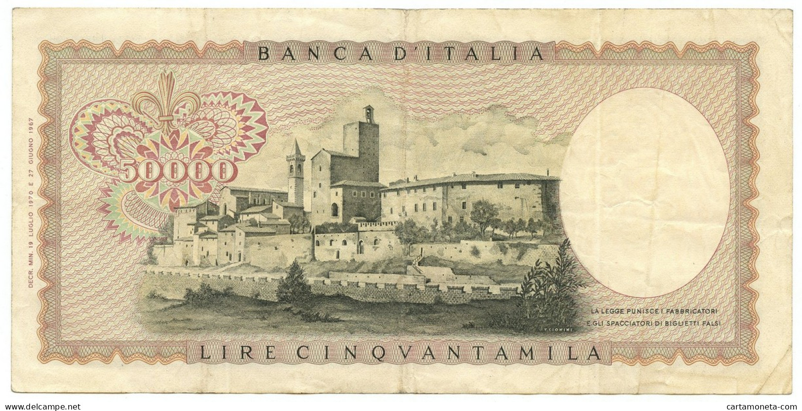 50000 LIRE BANCA D'ITALIA LEONARDO DA VINCI MEDUSA 19/07/1970 BB/BB+ - Autres & Non Classés