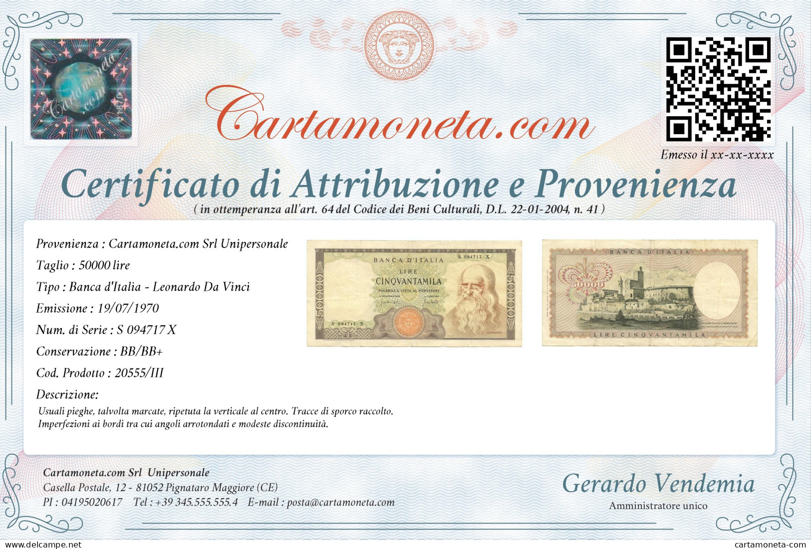 50000 LIRE BANCA D'ITALIA LEONARDO DA VINCI MEDUSA 19/07/1970 BB/BB+ - Other & Unclassified