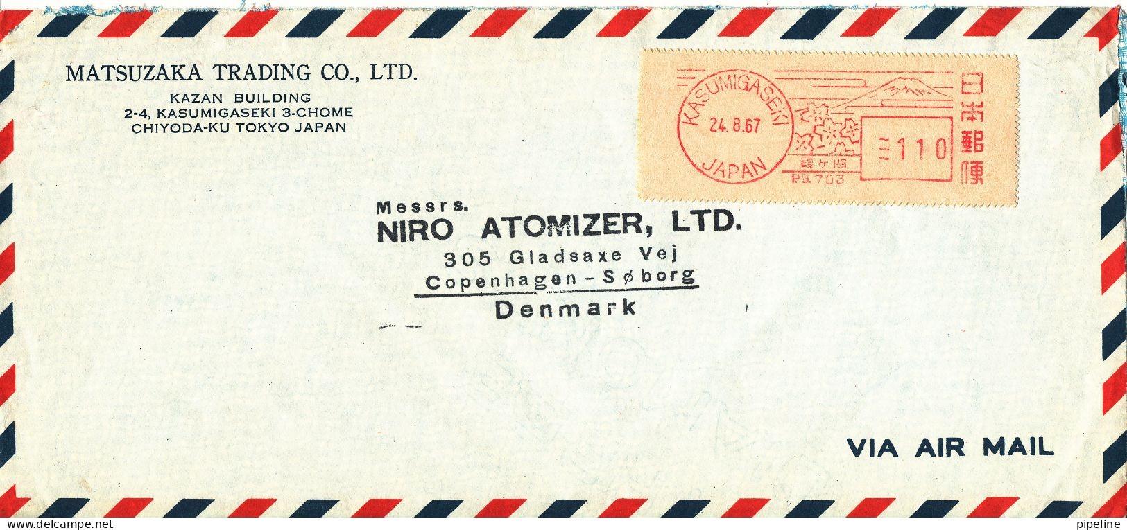 Japan Air Mail Cover With Red Meter Cancel Sent To Denmark Kasumigaseki 24-8-1967 - Airmail