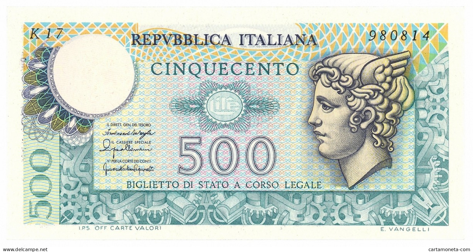 500 LIRE BIGLIETTO DI STATO MERCURIO 20/12/1976 FDS - Otros & Sin Clasificación