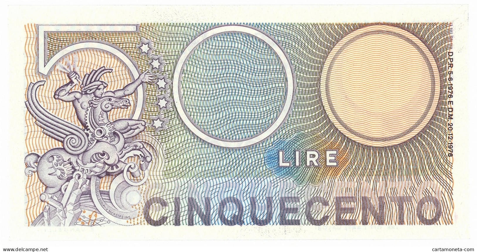 500 LIRE BIGLIETTO DI STATO MERCURIO 20/12/1976 FDS - Autres & Non Classés