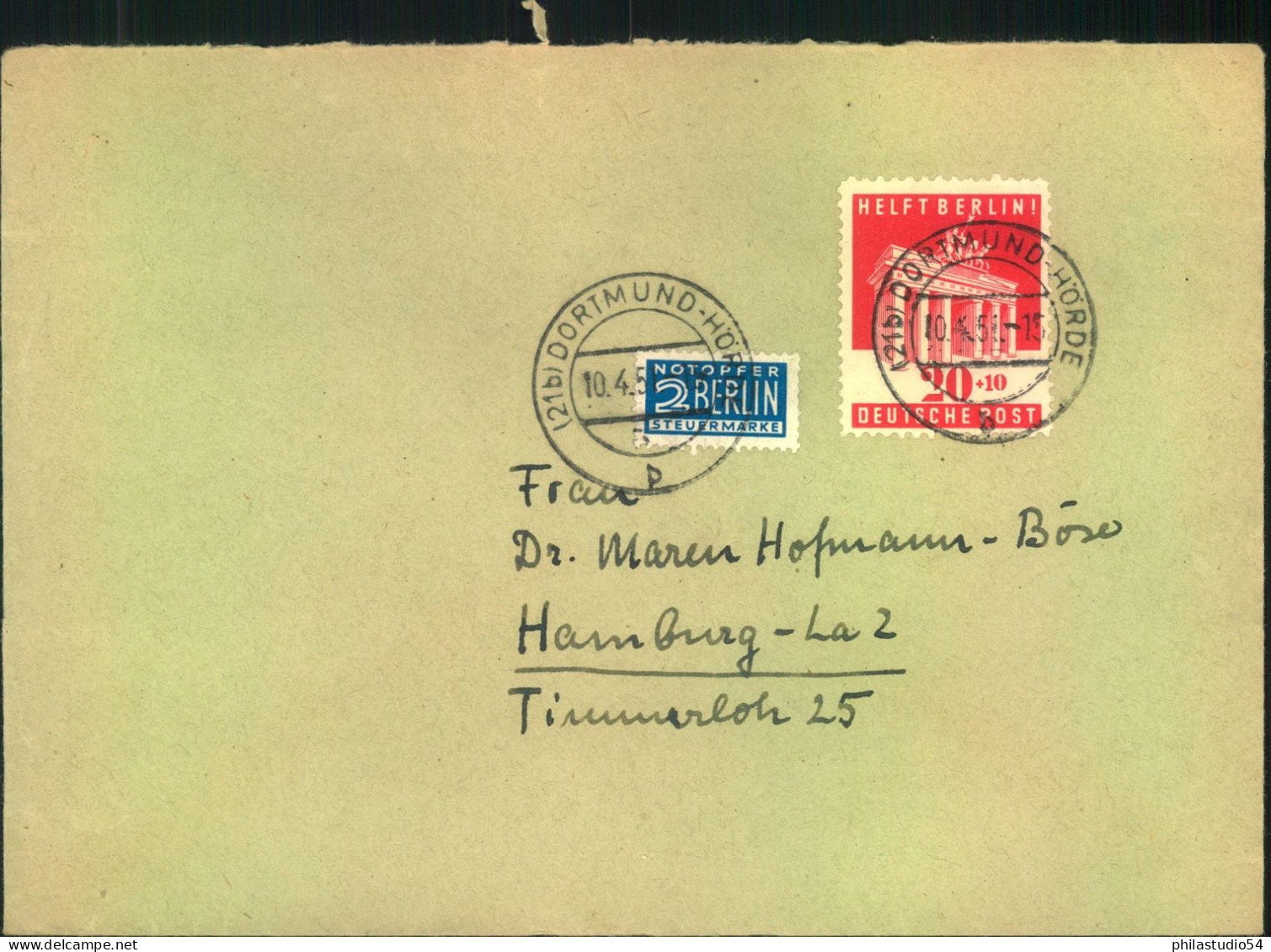 1949, Fernbrief Ab (21) DOTMUND Mit "Helft Berlin" 20 Pfg. Und Notopfer - Cartas & Documentos