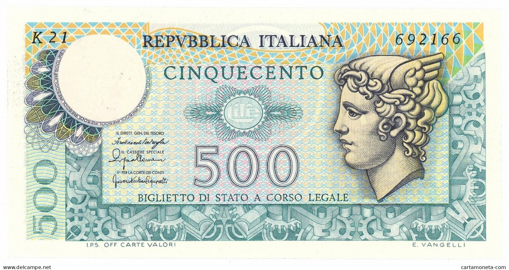 500 LIRE BIGLIETTO DI STATO MERCURIO 20/12/1976 FDS - Autres & Non Classés