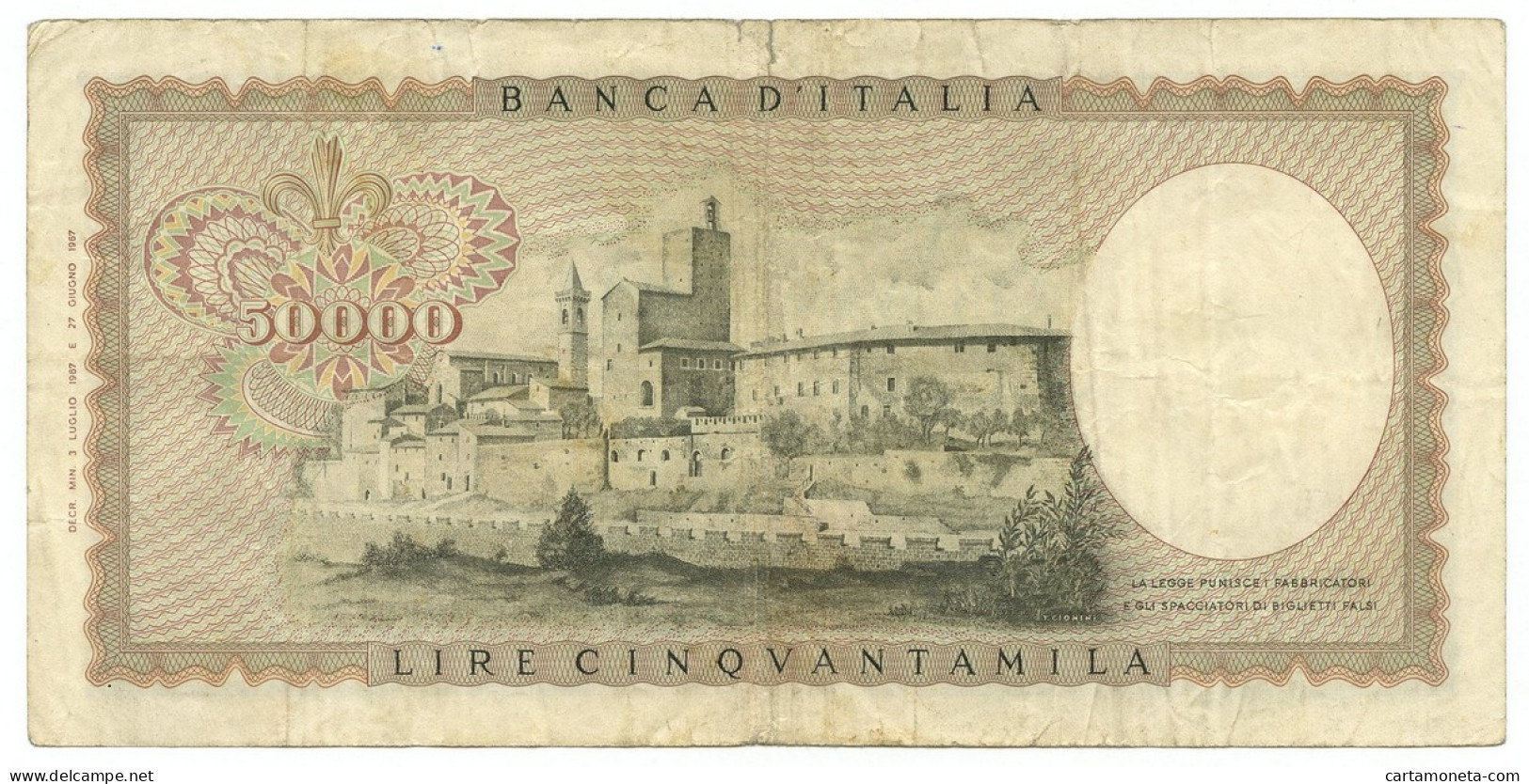 50000 LIRE BANCA D'ITALIA LEONARDO DA VINCI MEDUSA 03/07/1967 BB- - Sonstige & Ohne Zuordnung