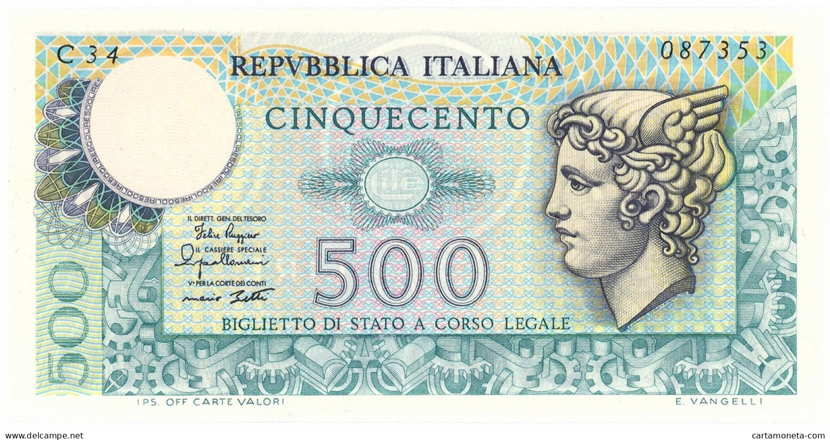 500 LIRE BIGLIETTO DI STATO MERCURIO 02/04/1979 FDS - Autres & Non Classés