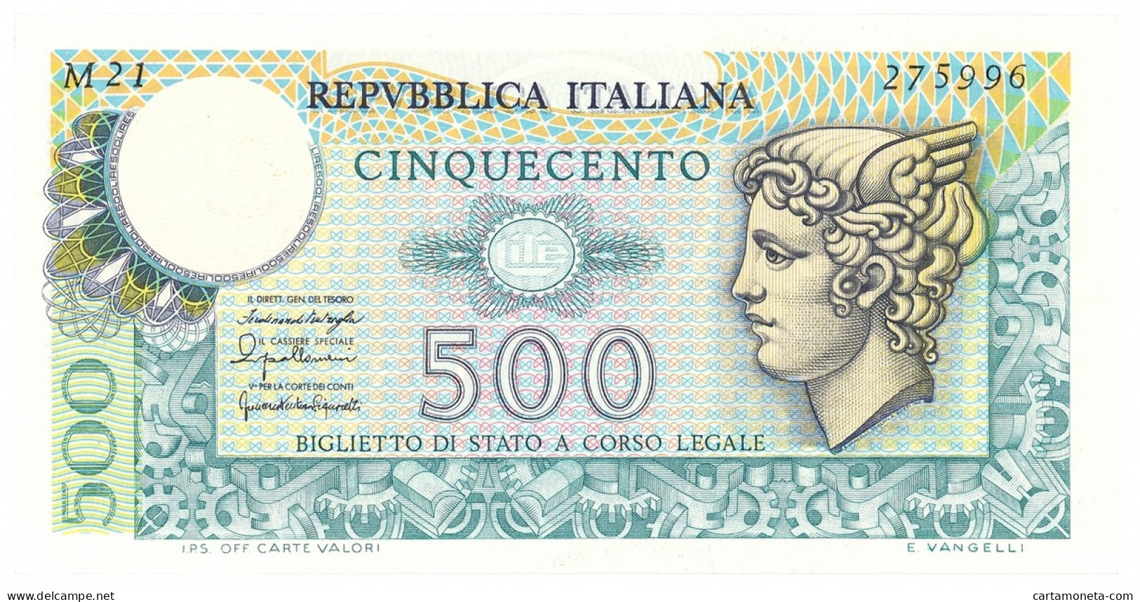 500 LIRE BIGLIETTO DI STATO MERCURIO 20/12/1976 FDS - Autres & Non Classés