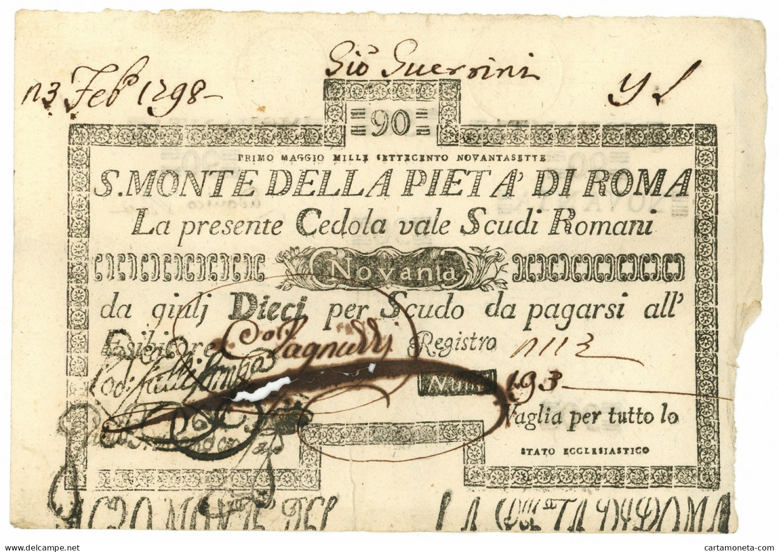 90 SCUDI CEDOLA SACRO MONTE DELLA PIETÀ DI ROMA 01/05/1797 MB+ - Andere & Zonder Classificatie