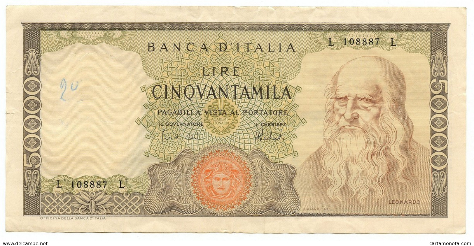 50000 LIRE BANCA D'ITALIA LEONARDO DA VINCI MEDUSA 16/05/1972 BB - Autres & Non Classés