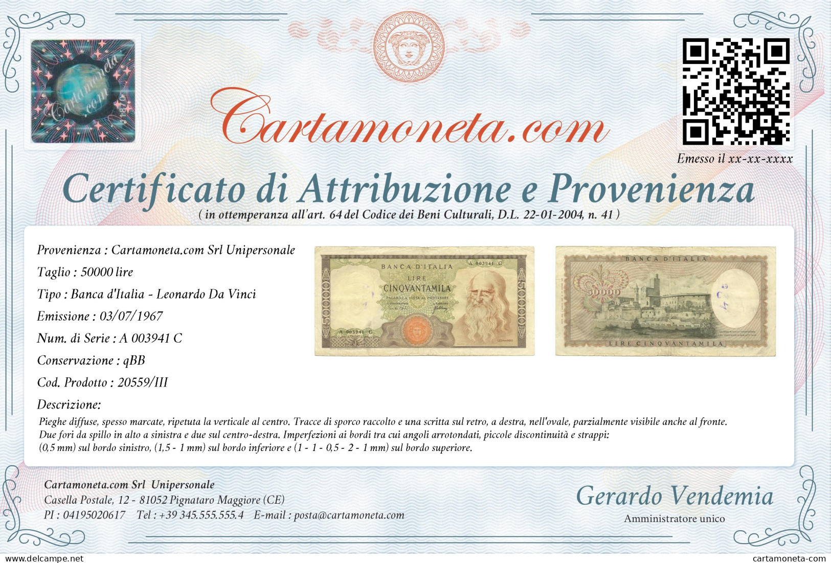 50000 LIRE BANCA D'ITALIA LEONARDO DA VINCI MEDUSA 03/07/1967 QBB - Other & Unclassified