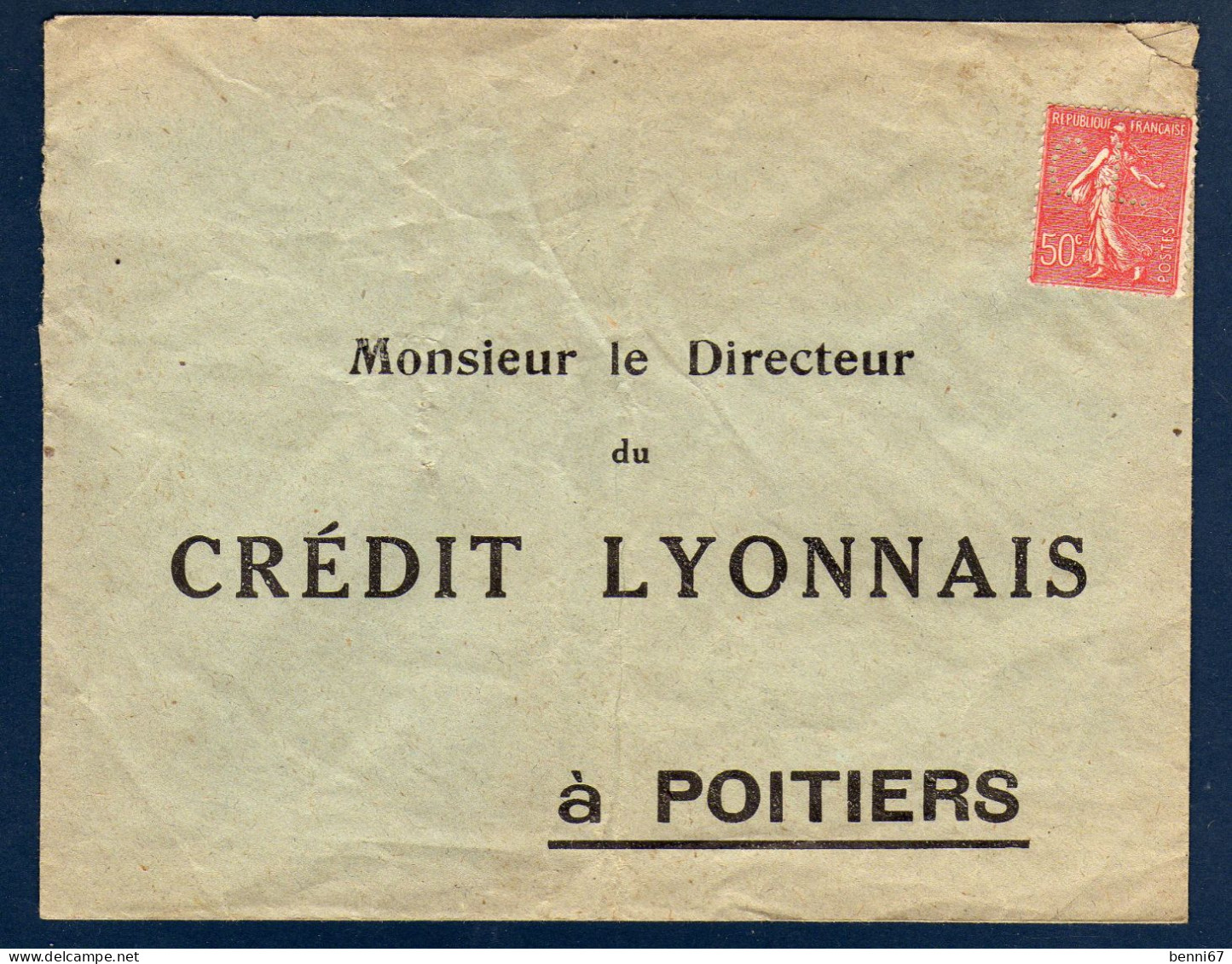 FRANCE Credit Lyonnais Poitiers Semeuse Perfin S/lettre - Lettres & Documents