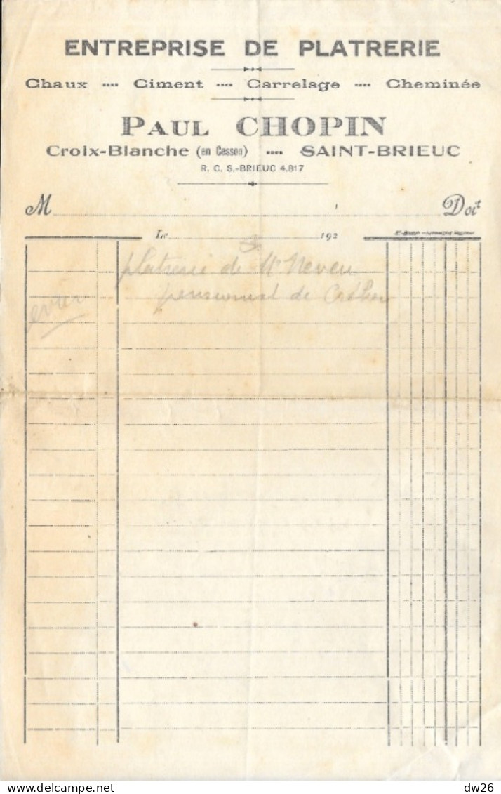 Facture 14x21 - Entreprise De Platrerie, Ciment, Chaux Paul Chopin, Saint-Brieuc (Côtes Du Nord) 1925 - 1900 – 1949