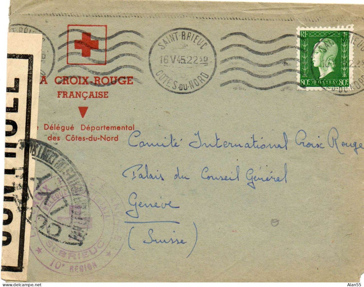 FRANCE.1945. "DULAC". "CRF-ST BRIEUC".CENSURE "LYY". POUR CICR GENÈVE (SUISSE). - 1944-45 Marianne (Dulac)