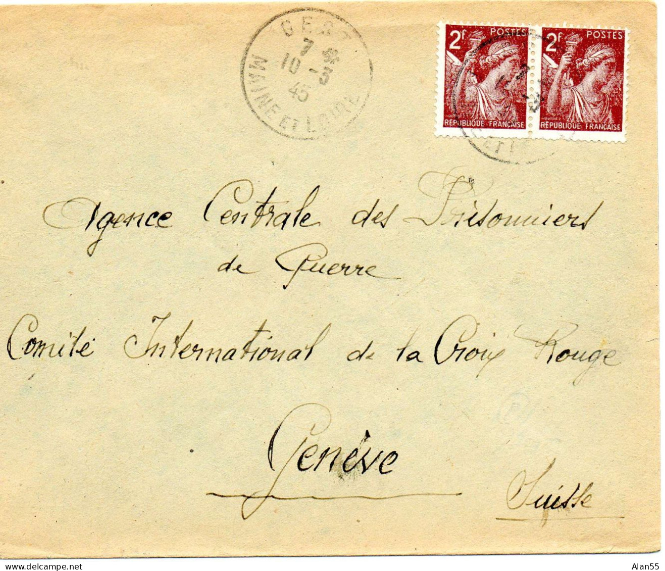 FRANCE.1945."IRIS ". POUR C.I.C.R.GENÈVE (SUISSE) - 1939-44 Iris