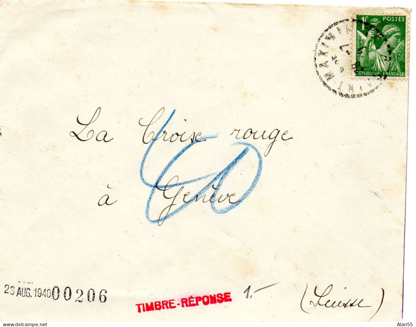 FRANCE.1940."IRIS". POUR C.I.C.R.GENÈVE (SUISSE) - 1939-44 Iris