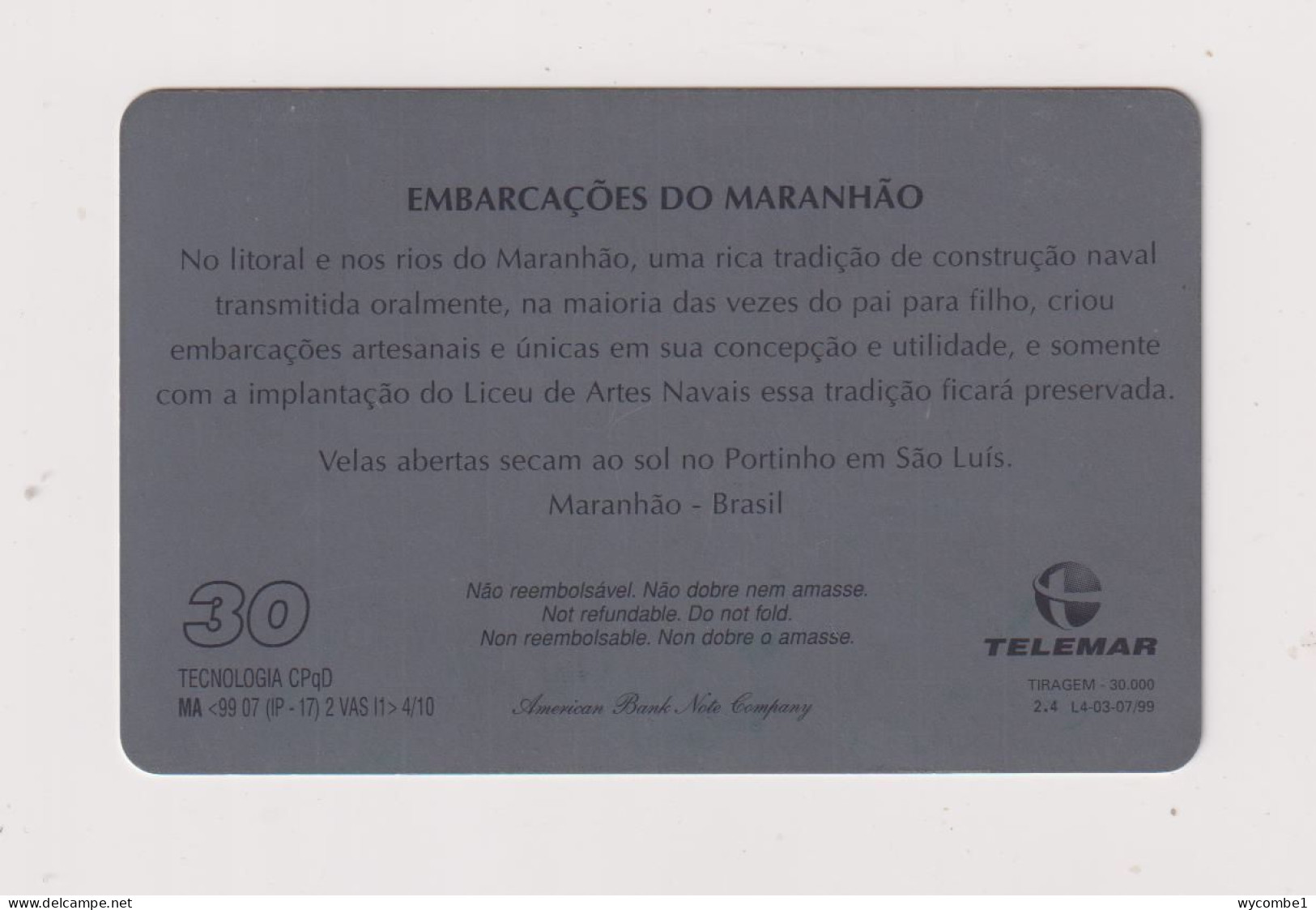 BRASIL -  Embarcacoes Do Maranhao Inductive  Phonecard - Brésil