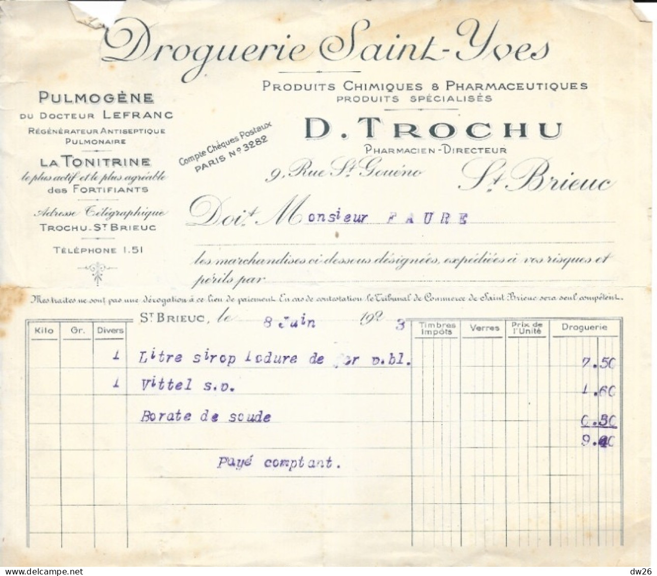Facture 16x21 - Droguerie St-Yves, D. Trochu Pharmacien, Saint-Brieuc (Côtes Du Nord) 1923 - Perfumería & Droguería