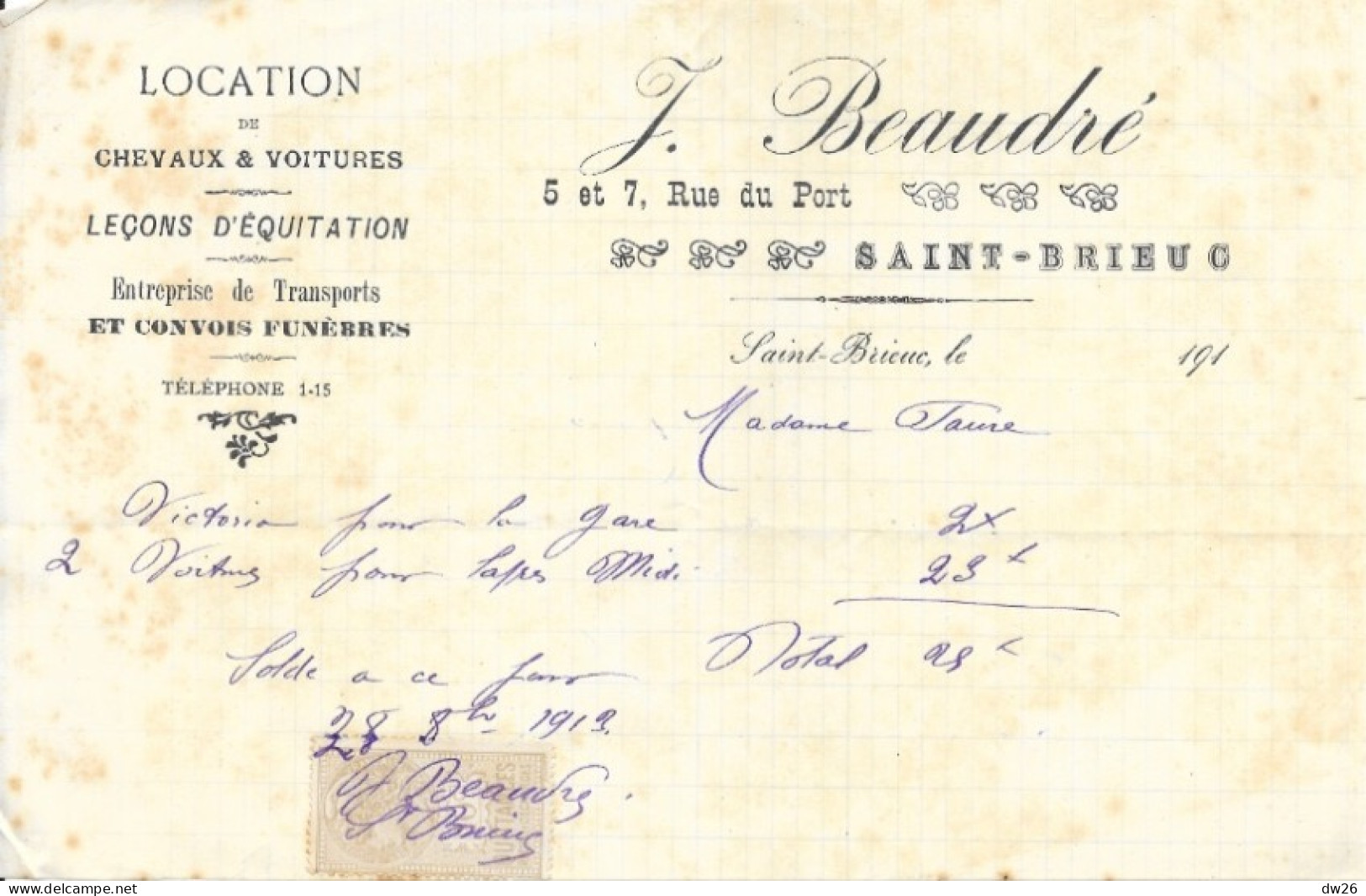 Facture 14x21 - Location Chevaux Et Voitures, Convois Funèbres, J. Beaudré, Saint-Brieuc (Côtes Du Nord) 1913 - Lebensmittel