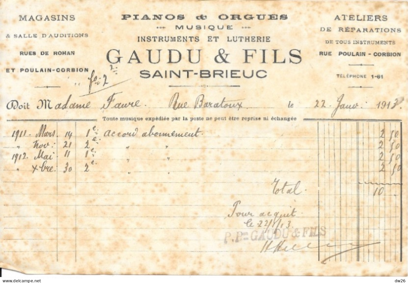 Facture 14x21 - Magasins Piano Et Orgues, Instruments De Musique Gaudu & Fils, Saint-Brieuc (Côtes Du Nord) 1913 - Alimentaire