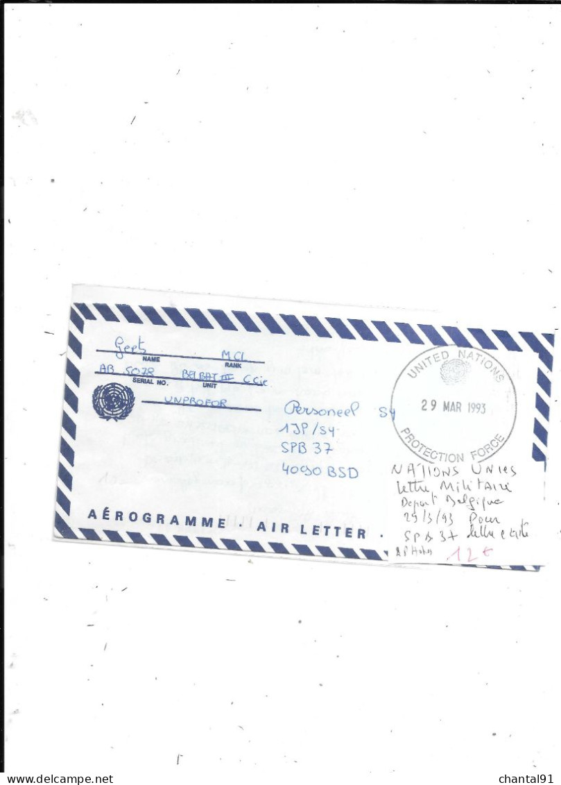 NATIONS UNIES LETTRE MILITAIRE DEPART BELGIQUE 29/03/93 LETTRE ECRITE - Lettres & Documents