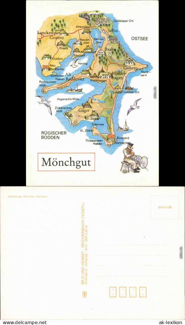 Ansichtskarte Göhren (Rügen) Landkarte Mönchgut 1988 - Göhren