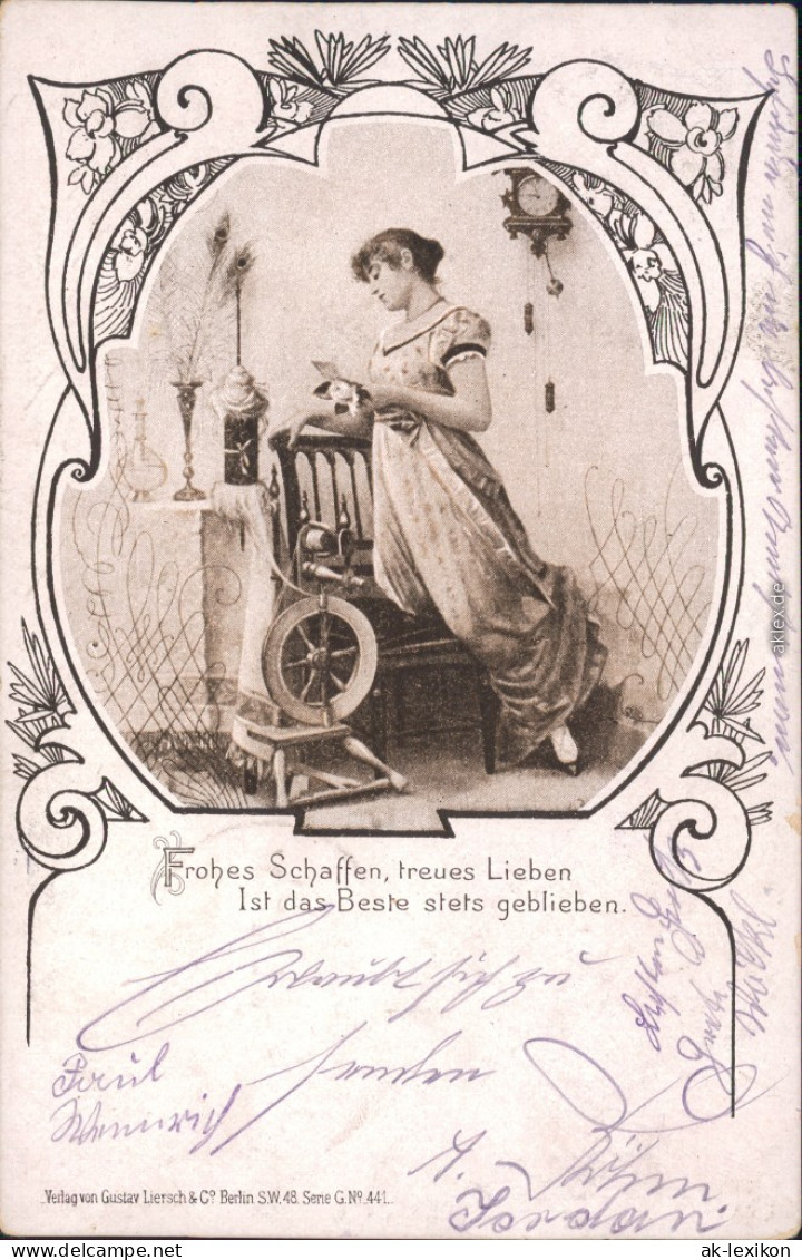 Ansichtskarte  Liebes Gedichte/Sprüche: Frau Kniet Auf Stuhl An Spindel 1908 - Philosophie & Pensées