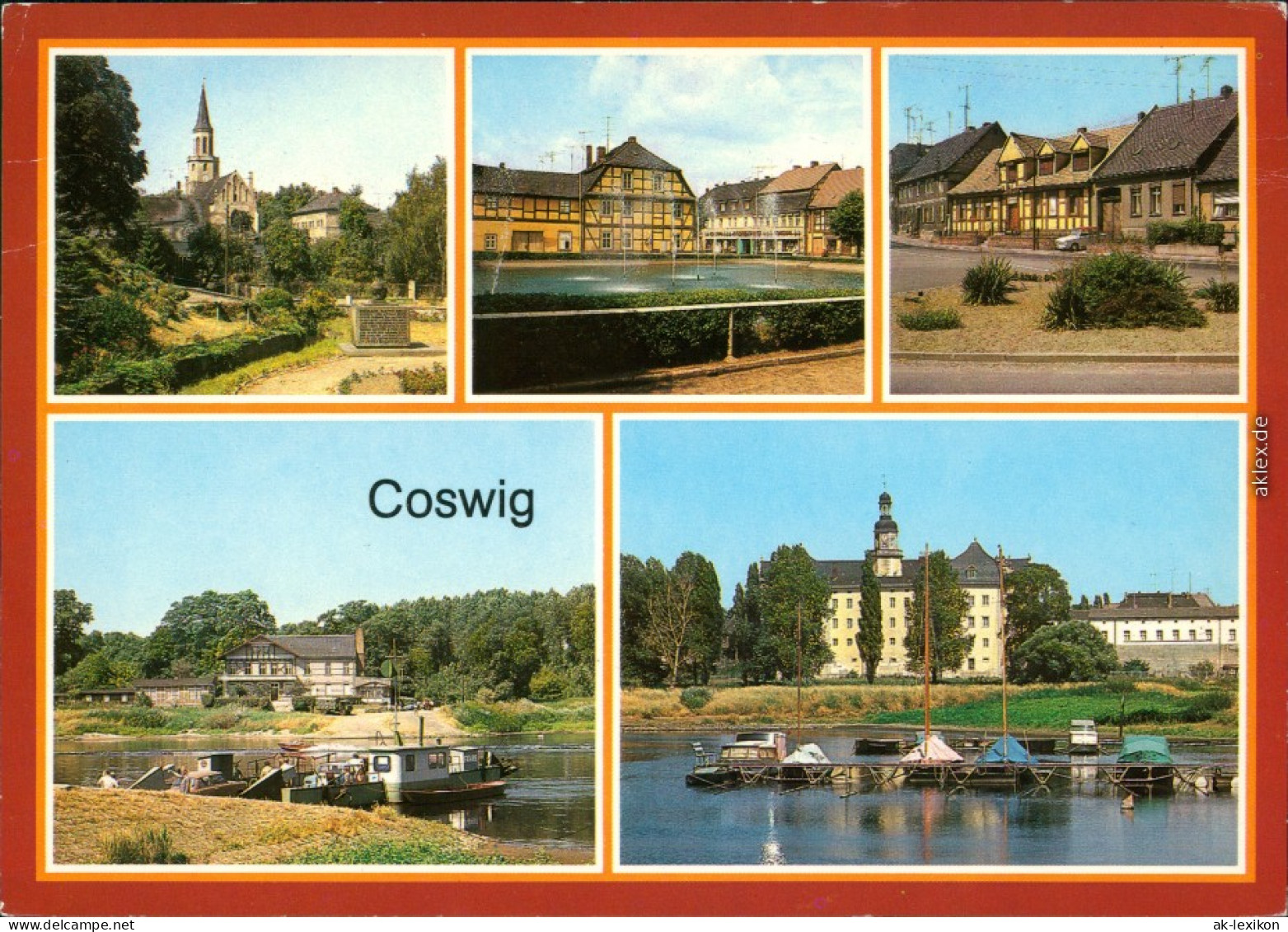 Coswig LK Meißen Teilansicht, Markt, Gaststätte "Goldene Kugel", Elbfähre G1986 - Coswig