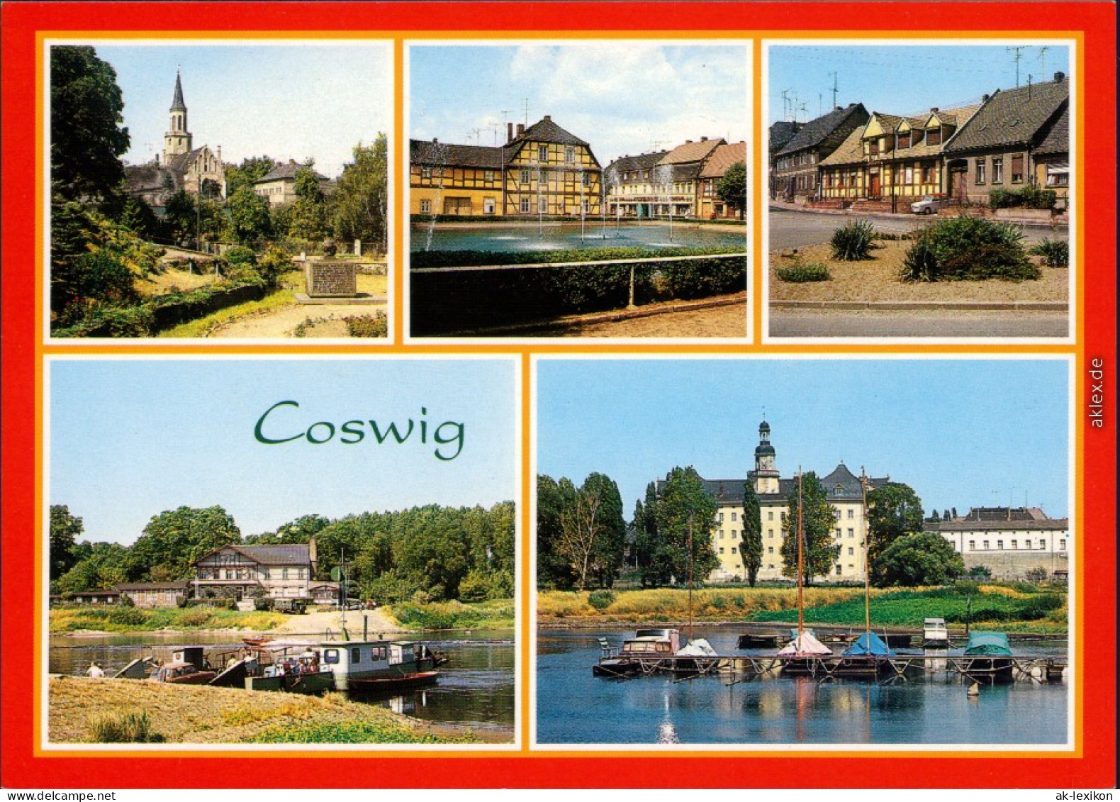 Coswig LK Meißen Teilansicht, Markt, Gaststätte "Goldene Kugel", Elbfähre 1995 - Coswig