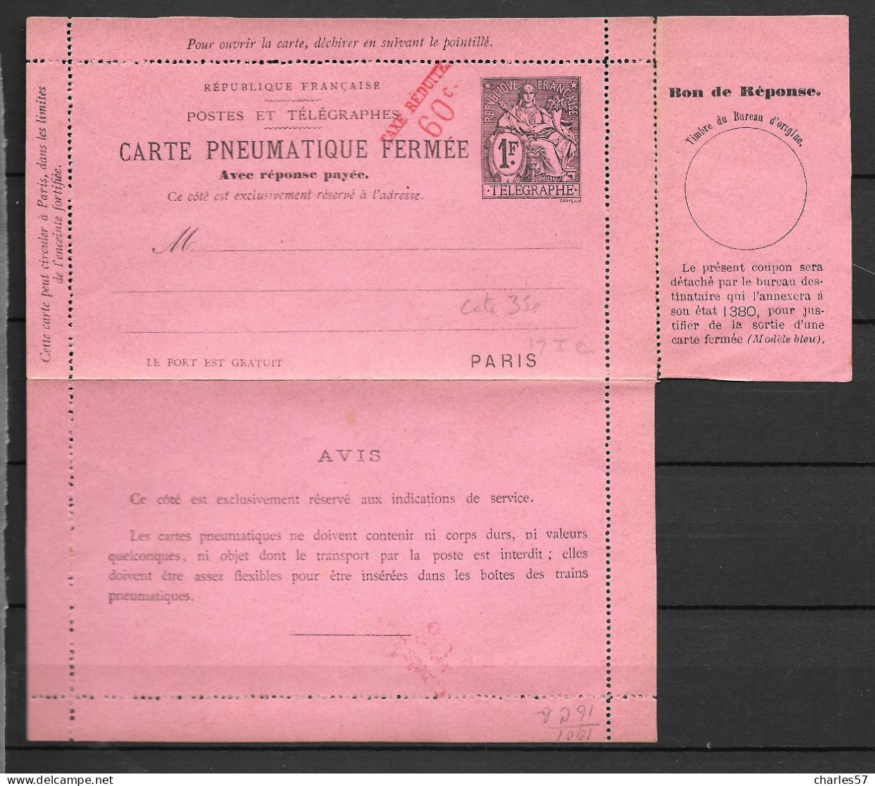 / France: 2581 CLPPRP 60c.s.1f.(1902)5 Lignes D'avis Au Verso - Pneumatic Post