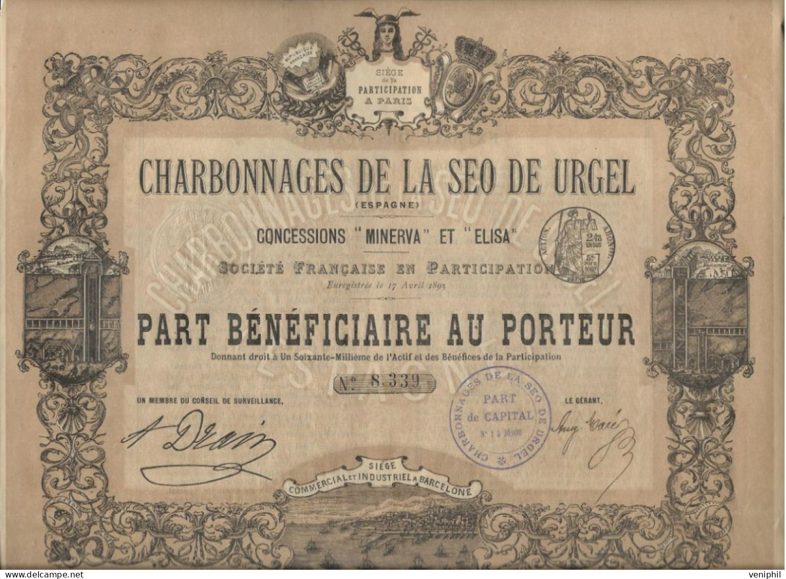 CHARBONNAGES DE LA SEO DE URGEL -BARCELONNE -ESPAGNE - PART BENEFICIAIRE   -ANNEE 1893 - Mineral