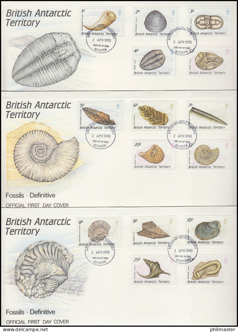 Britische Antarktis 156-170 Fossilien 15 Werte Komplett, Satz Auf 3 FDC - Andere & Zonder Classificatie