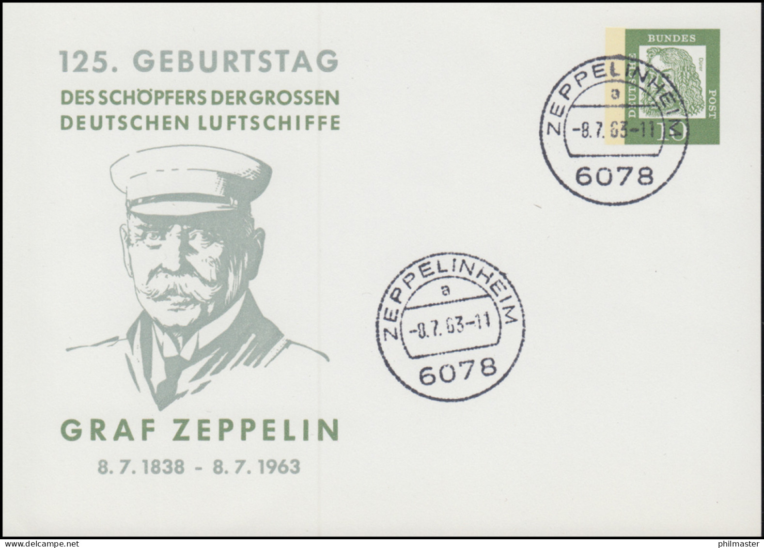 PP 28/8 Dürer: Geburtstag Graf Zeppelin, Tagesstempel ZEPPELINHEIM 8.7.63 - Enveloppes Privées - Neuves