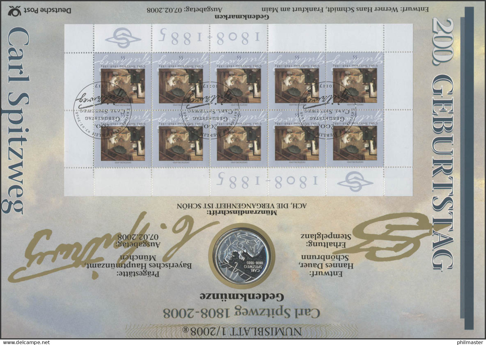 2647 Maler Carl Spitzweg - Numisblatt 1/2008 - Numismatische Enveloppen